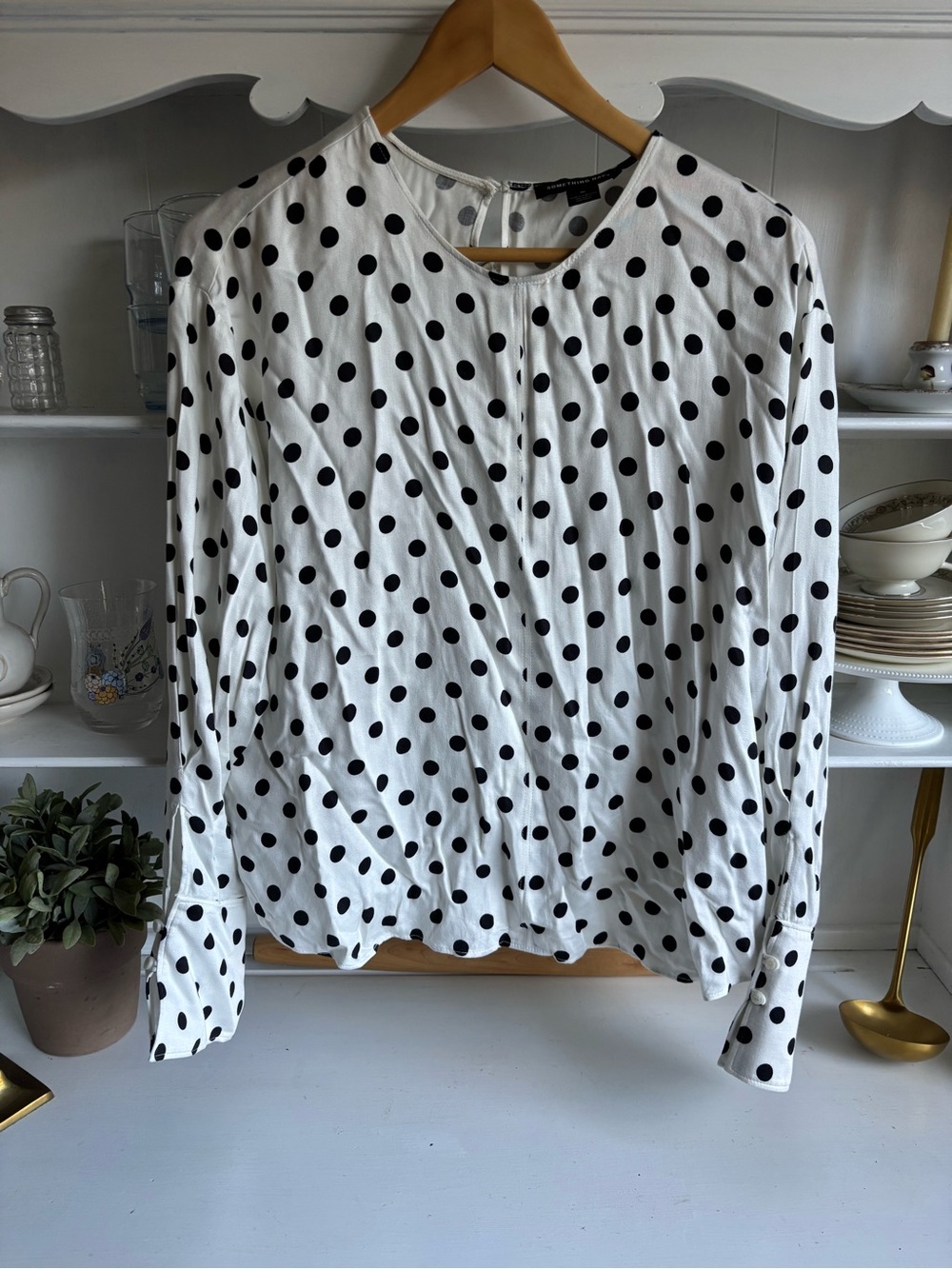 Something Navy White Blouse with Black Polka Dots